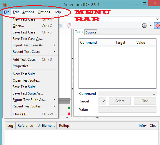 selenium IDE menu bar