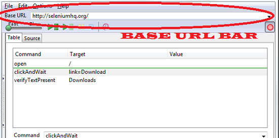 selenium IDE base url bar