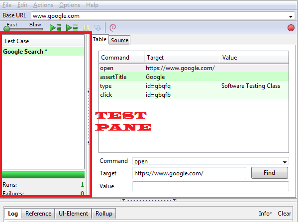 selenium IDE test pane